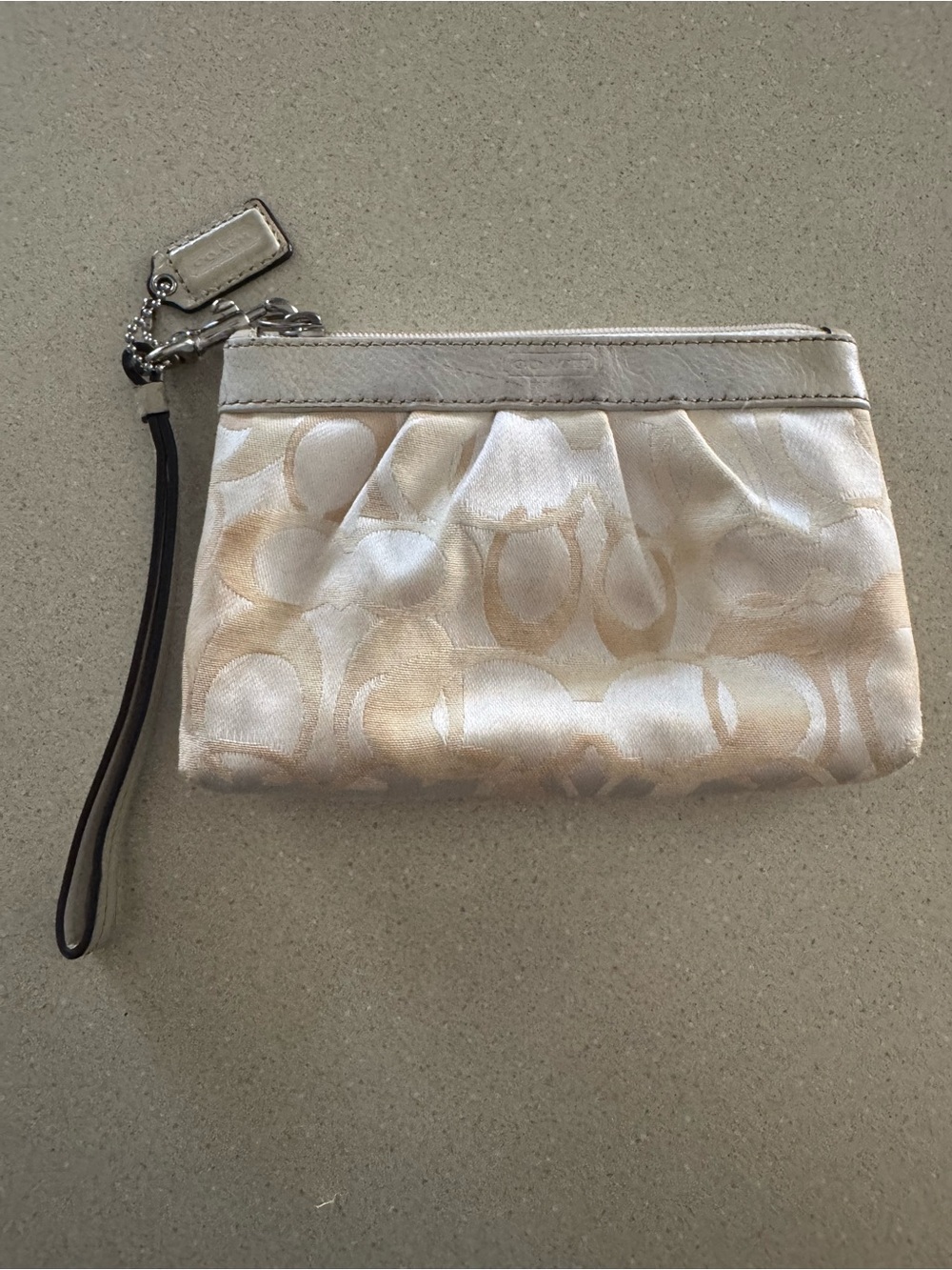 Coach Satin Signature Wristlet in Cream and Tan